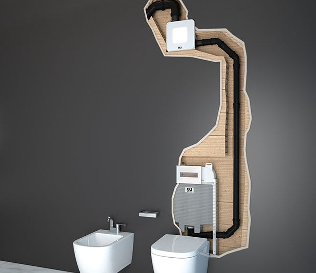 A digital rendering of a bathroom air renewal system with a white extractor installed on the wall above a toilet and a LED light feature.