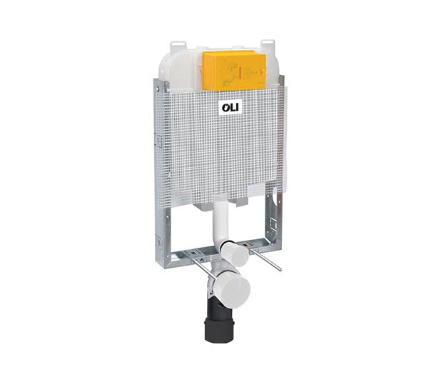 In-wall cistern system for toilets, predominantly white with some metallic components visible.