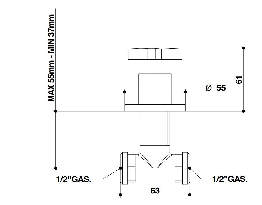 Bongio Alcor built-in tap technical dimensions chart