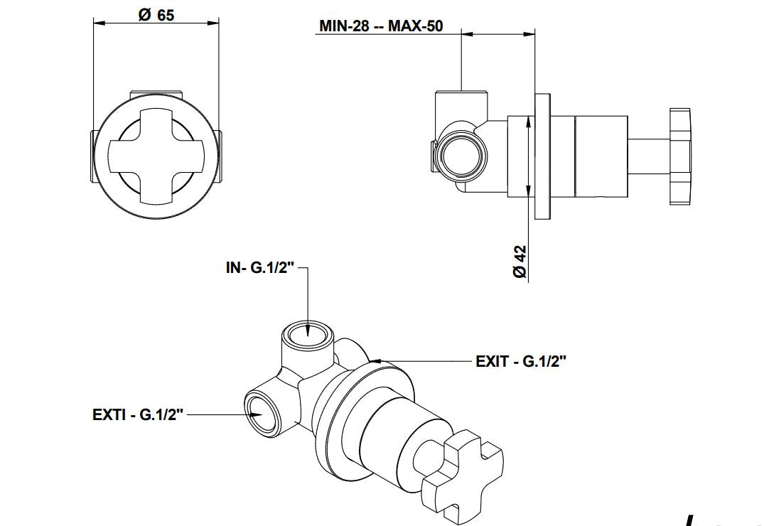 Bongio Alcor built-in diverter technical dimensions chart