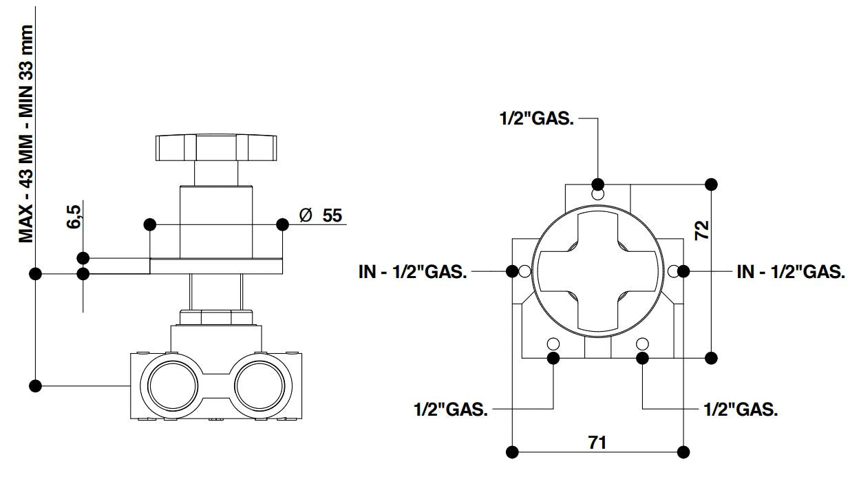 Bongio Alcor built-in diverter technical dimensions chart