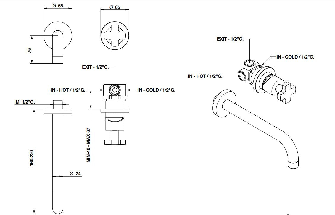 Bongio Alcor Wall-mounted basin mixer technical dimensions chart
