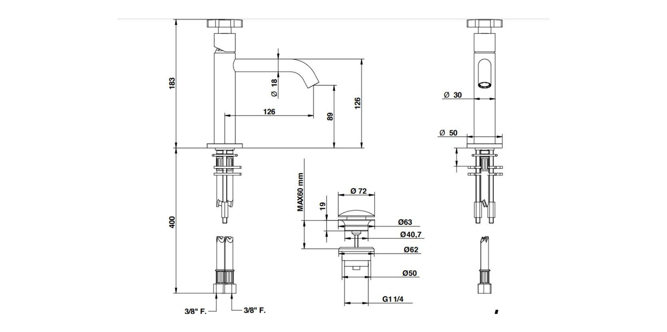 Bongio Alcor basin mixer technical dimensions chart