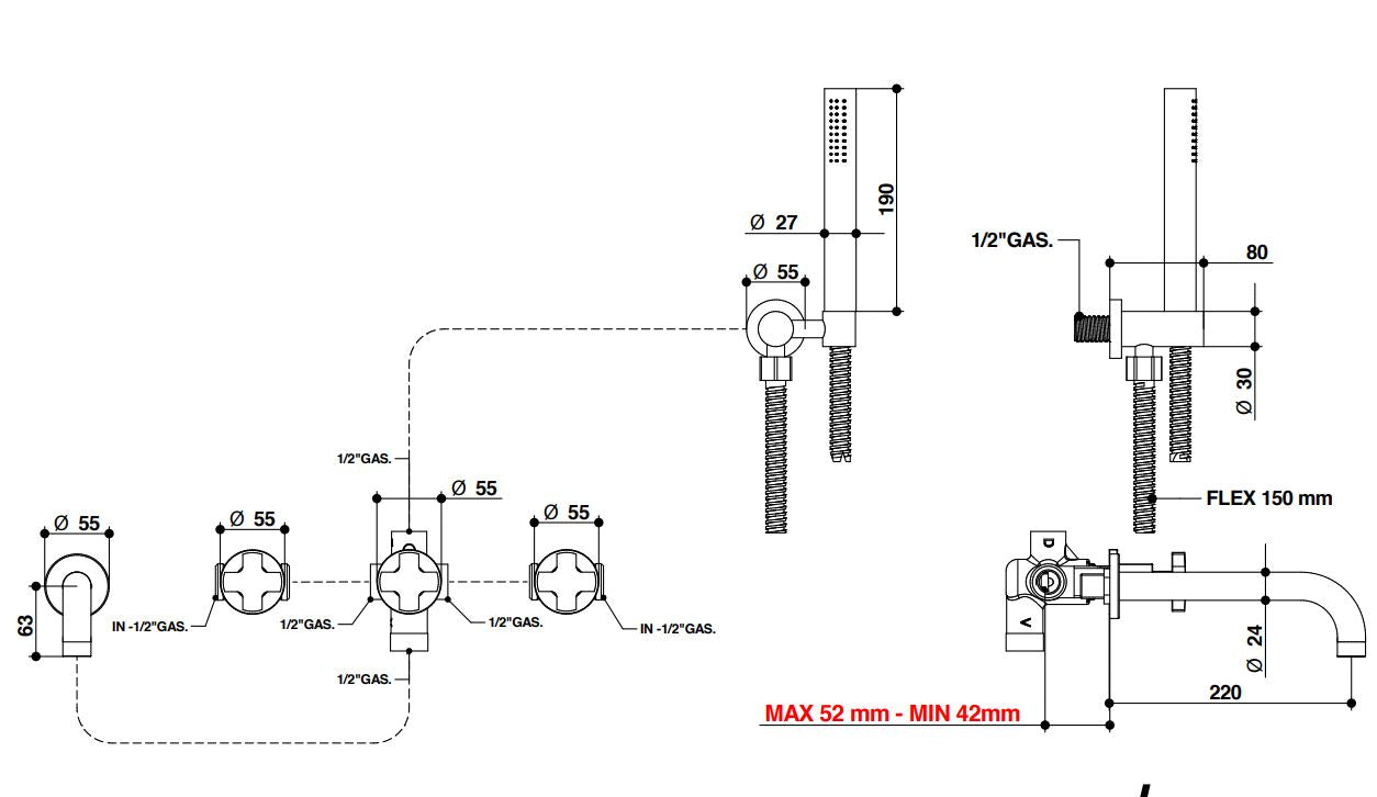 Bongio Alcor bath and shower mixer technical dimensions chart