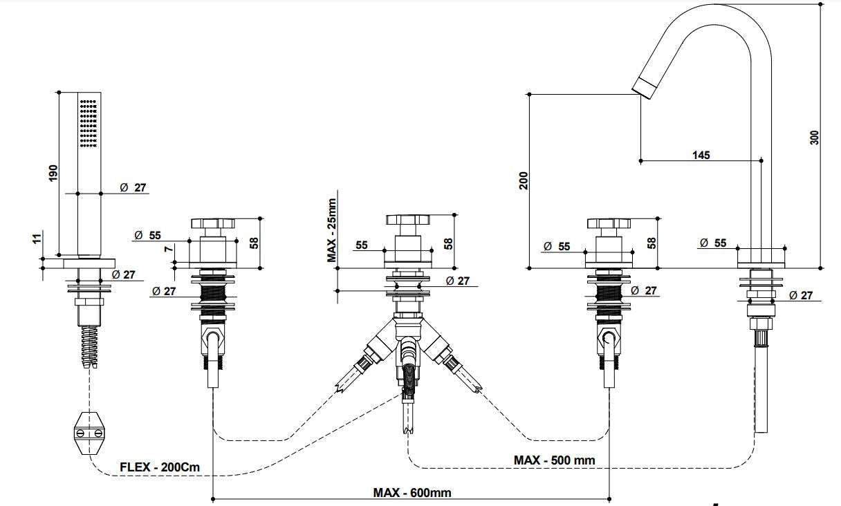 Bongio Alcor five hole bath mixer technical dimensions chart