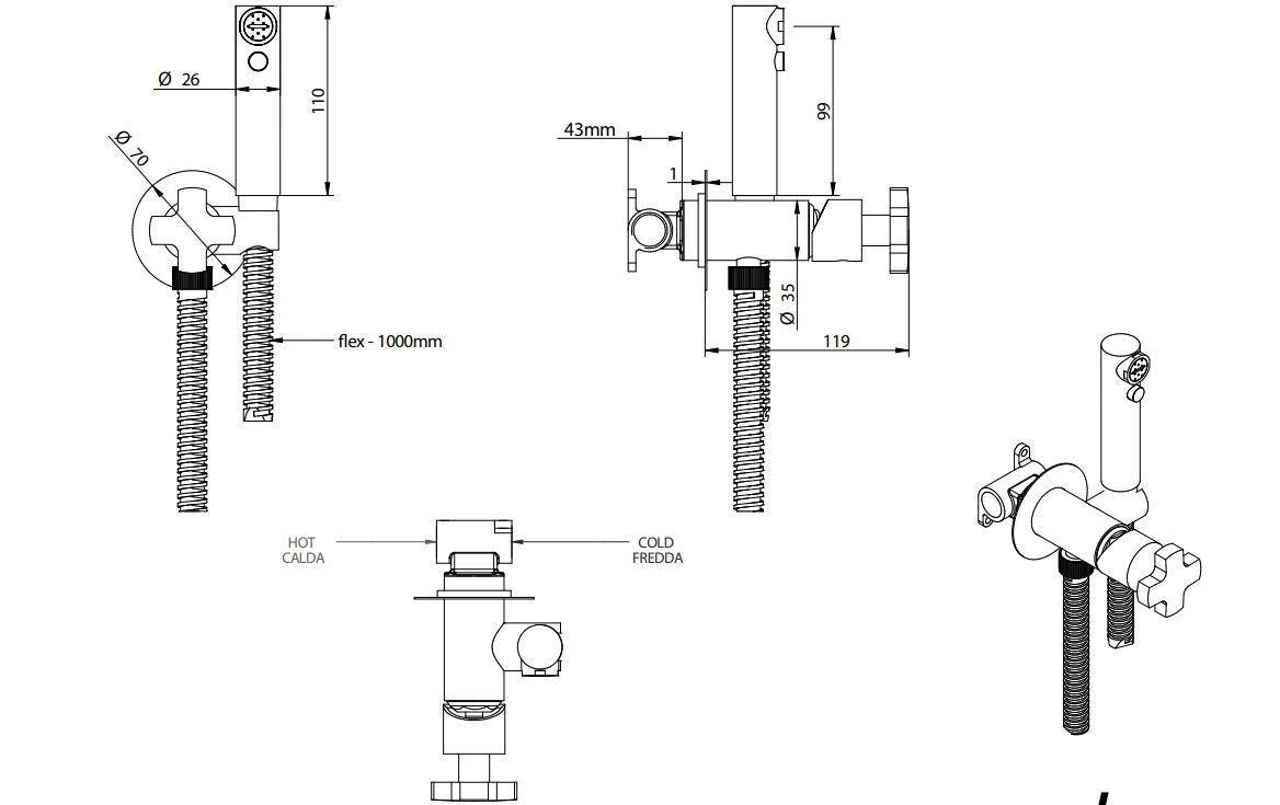 Bongio Alcor handshower technical dimensions chart