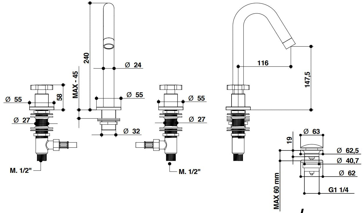 Bongio Alcor three hole basin mixer technical dimensions chart