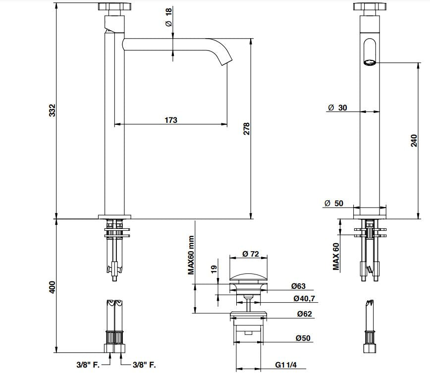 Bongio Alcor basin mixer technical dimensions chart