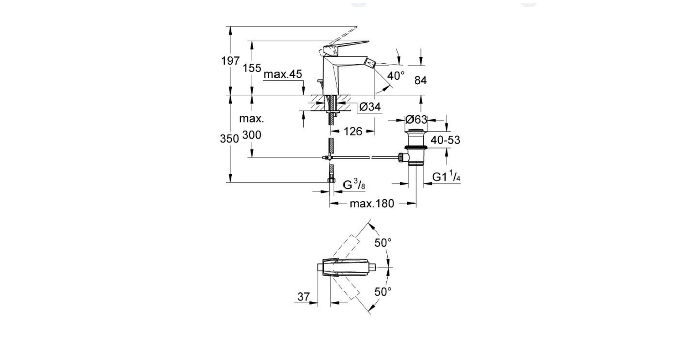 Grohe Allure Brilliant bidet basin mixer technical dimensions chart