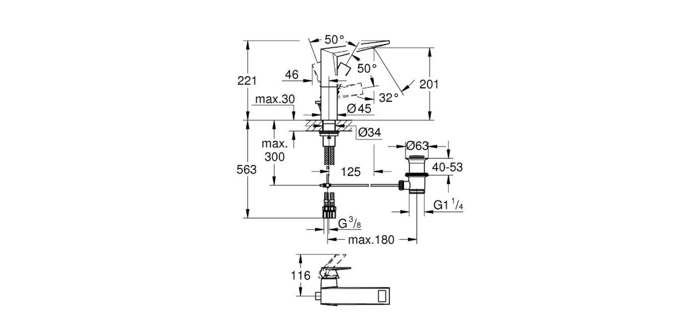 Grohe Allure Brilliant single lever basin mixer technical dimensions chart