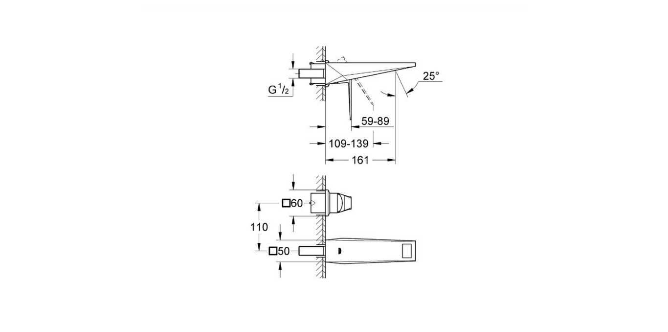 Grohe Allure Brilliant wall type basin mixer technical dimensions chart