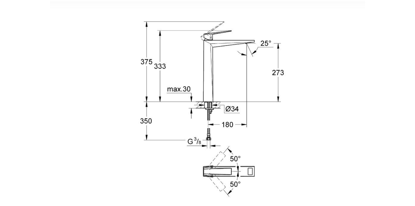 Grohe Allure Brilliant long height basin mixer technical dimensions chart