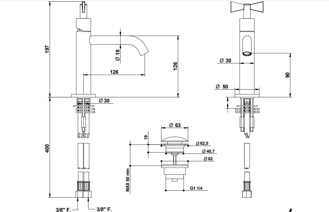 Bongio Amarcord basin mixer technical dimensions chart