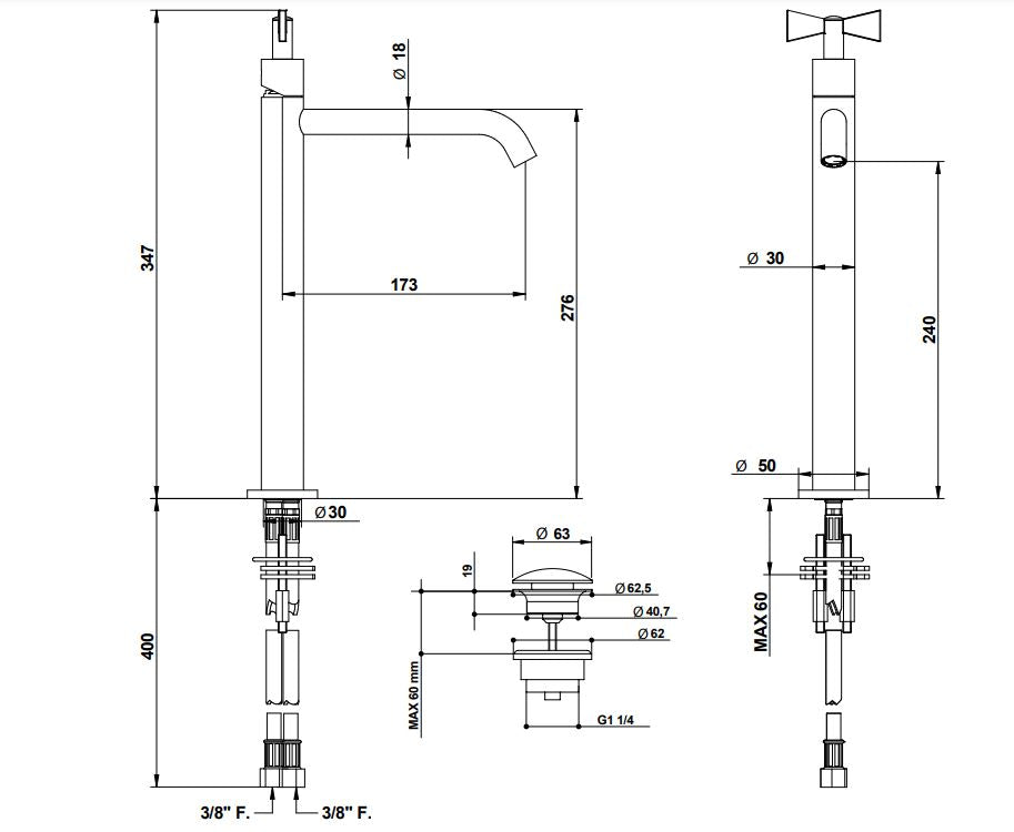 Bongio Amarcord basin mixer technical dimensions chart