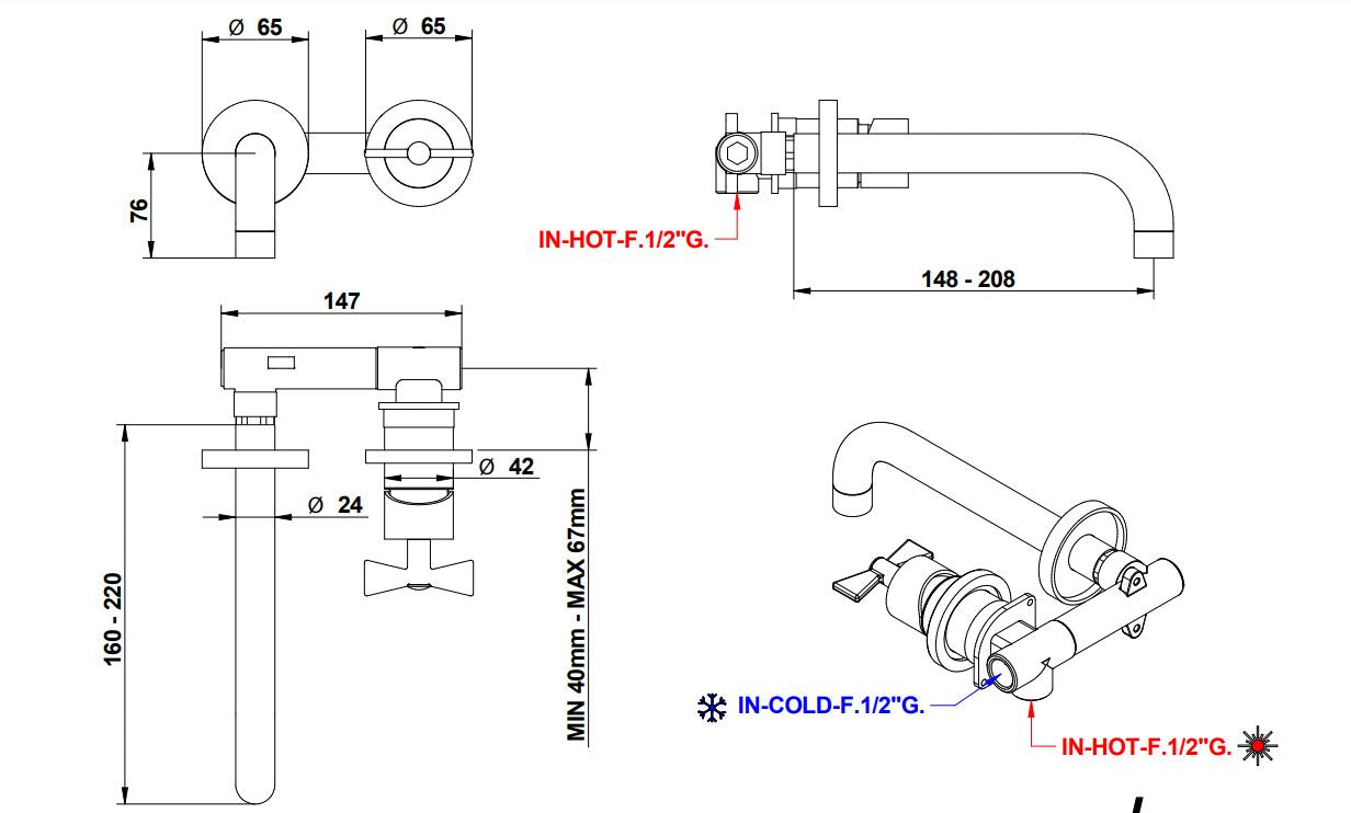 Bongio Amarcord built-in basin mixer technical dimensions chart