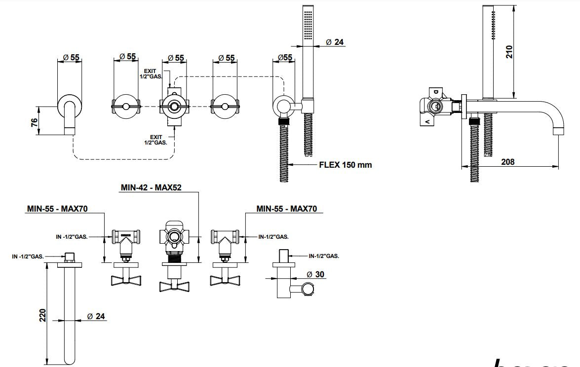 Bongio Amarcord built-in bath and shower mixer technical dimensions chart