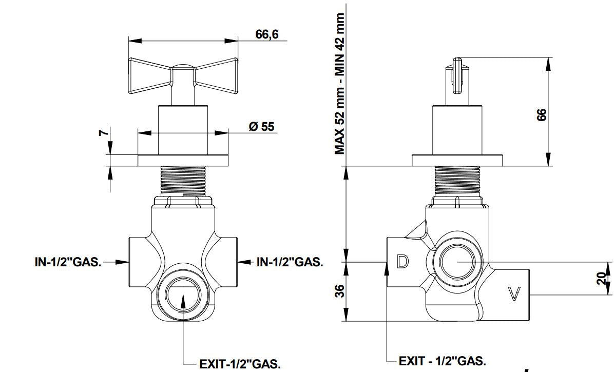 Bongio Amarcord built-in diverter technical dimensions chart