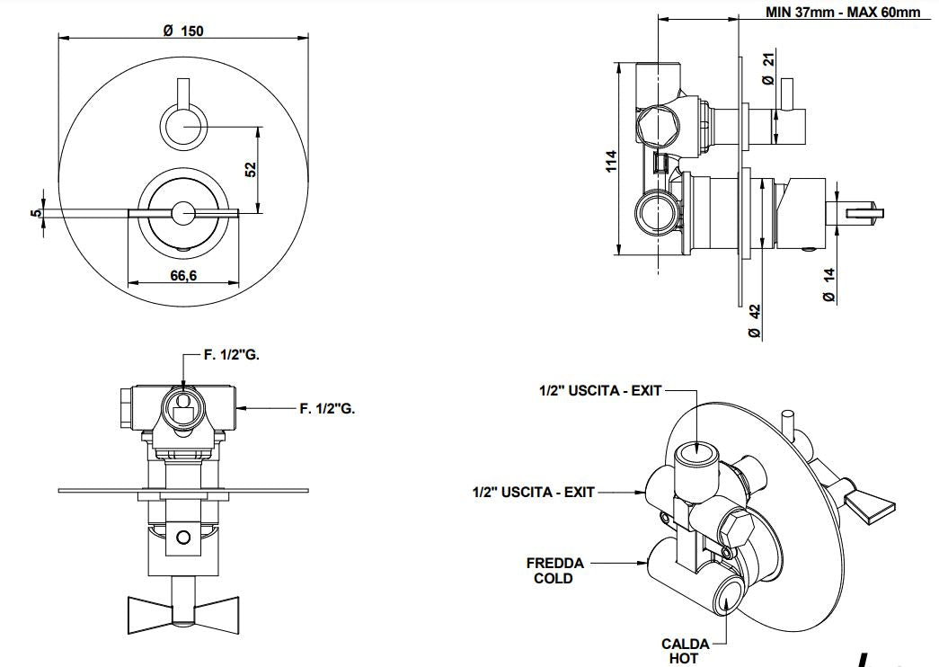 Bongio Amarcord built-in mixer with diverter technical dimensions chart