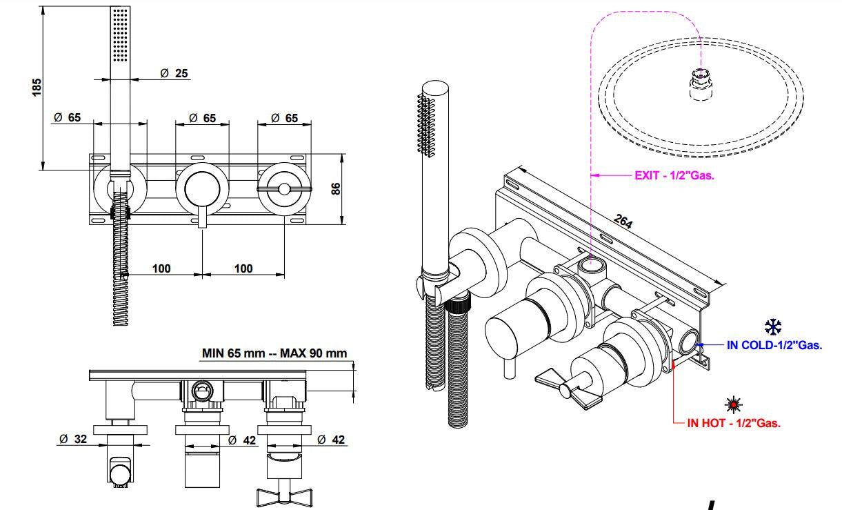 Bongio Amarcord built-in shower mixer technical dimensions chart
