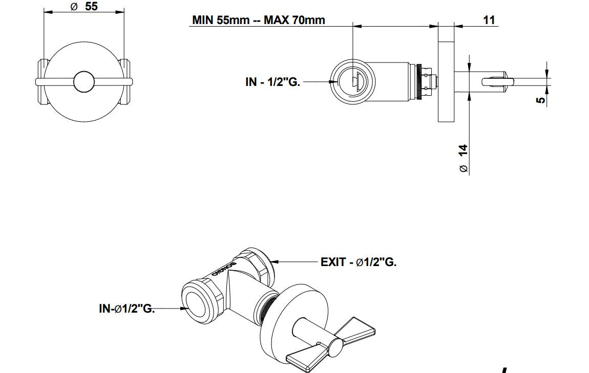 Bongio Amarcord built-in tap technical dimensions chart