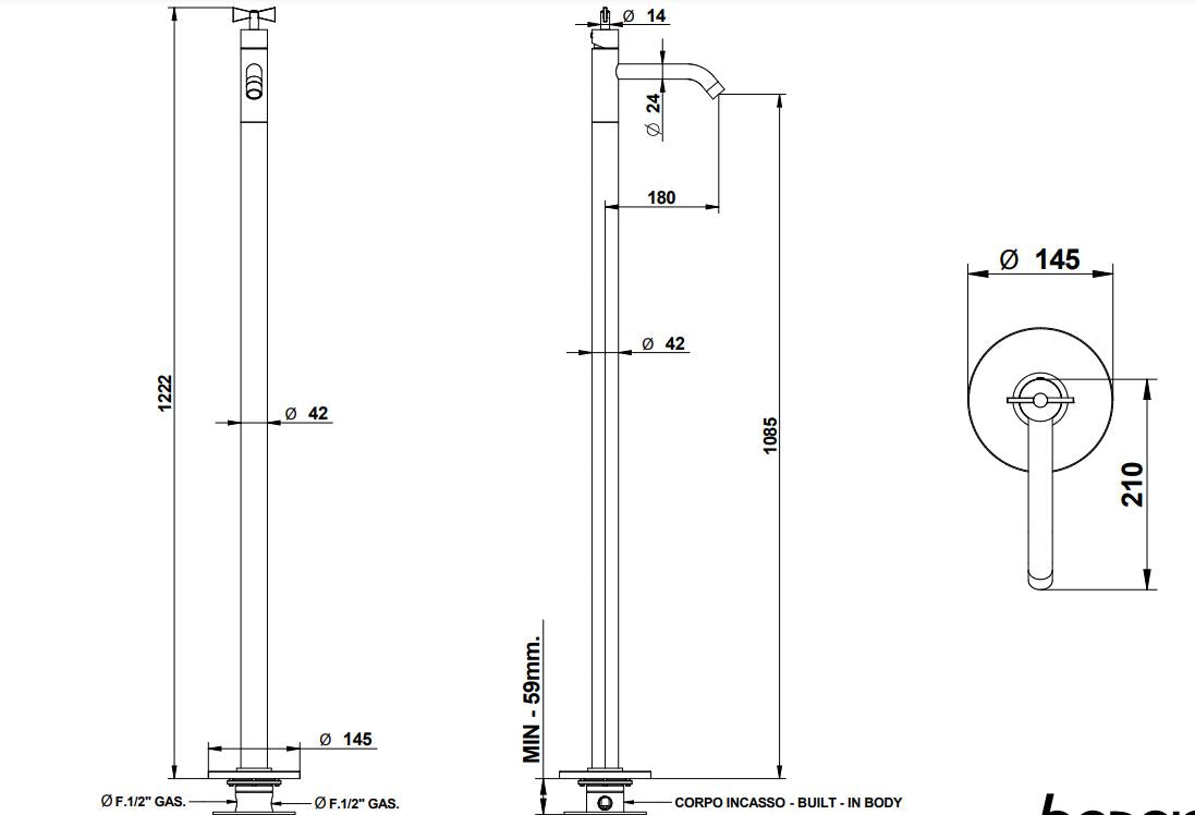 Bongio Amarcord floor basin mixer technical dimensions chart