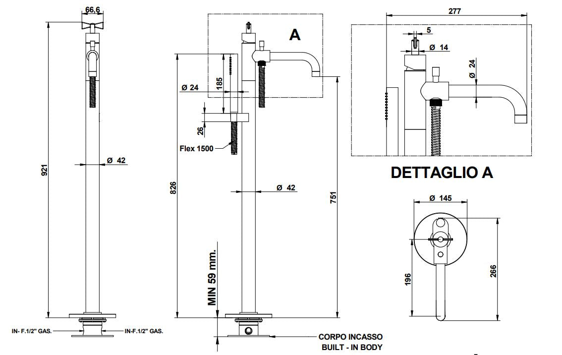 Bongio Amarcord floor mounted bath mixer technical dimensions chart
