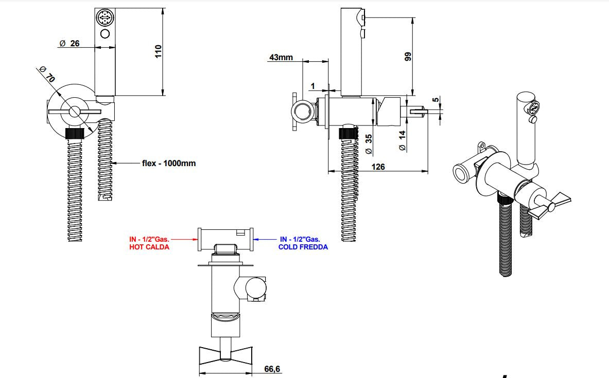 Bongio Amarcord mixer and handshower set technical dimensions chart