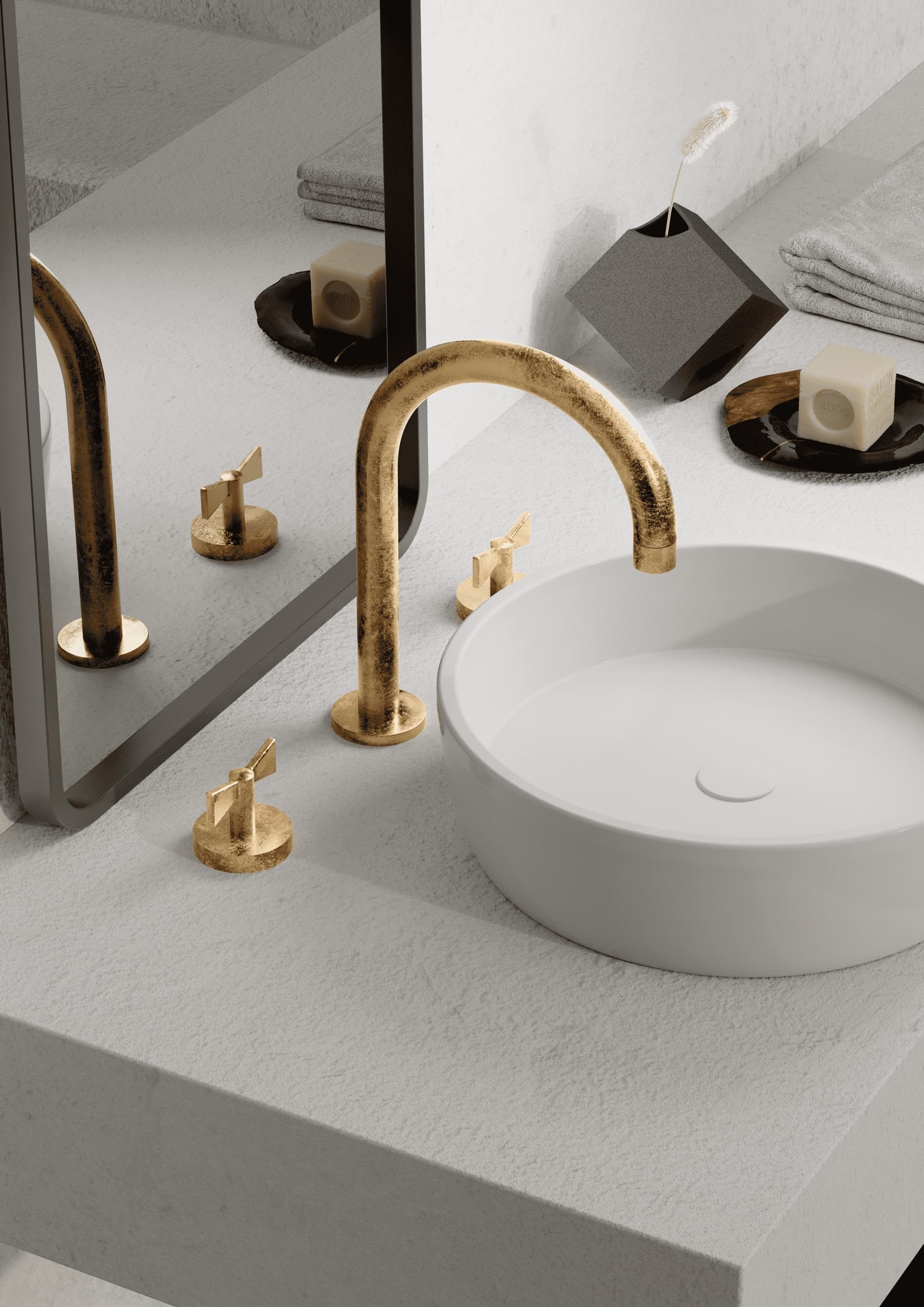 Bongio Amarcord three hole basin mixer installed in bathroom