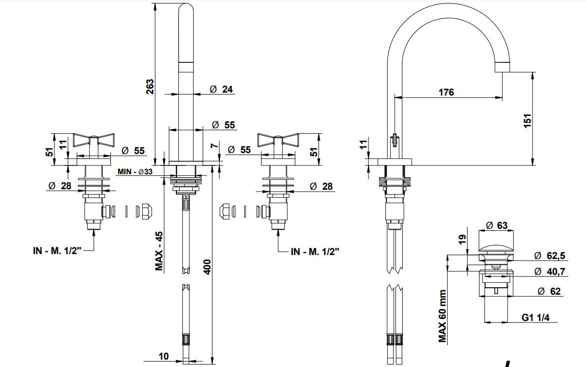 Bongio Amarcord three hole basin mixer technical dimensions chart