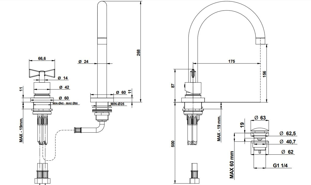 Bongio Amarcord two hole basin mixer technical dimensions chart