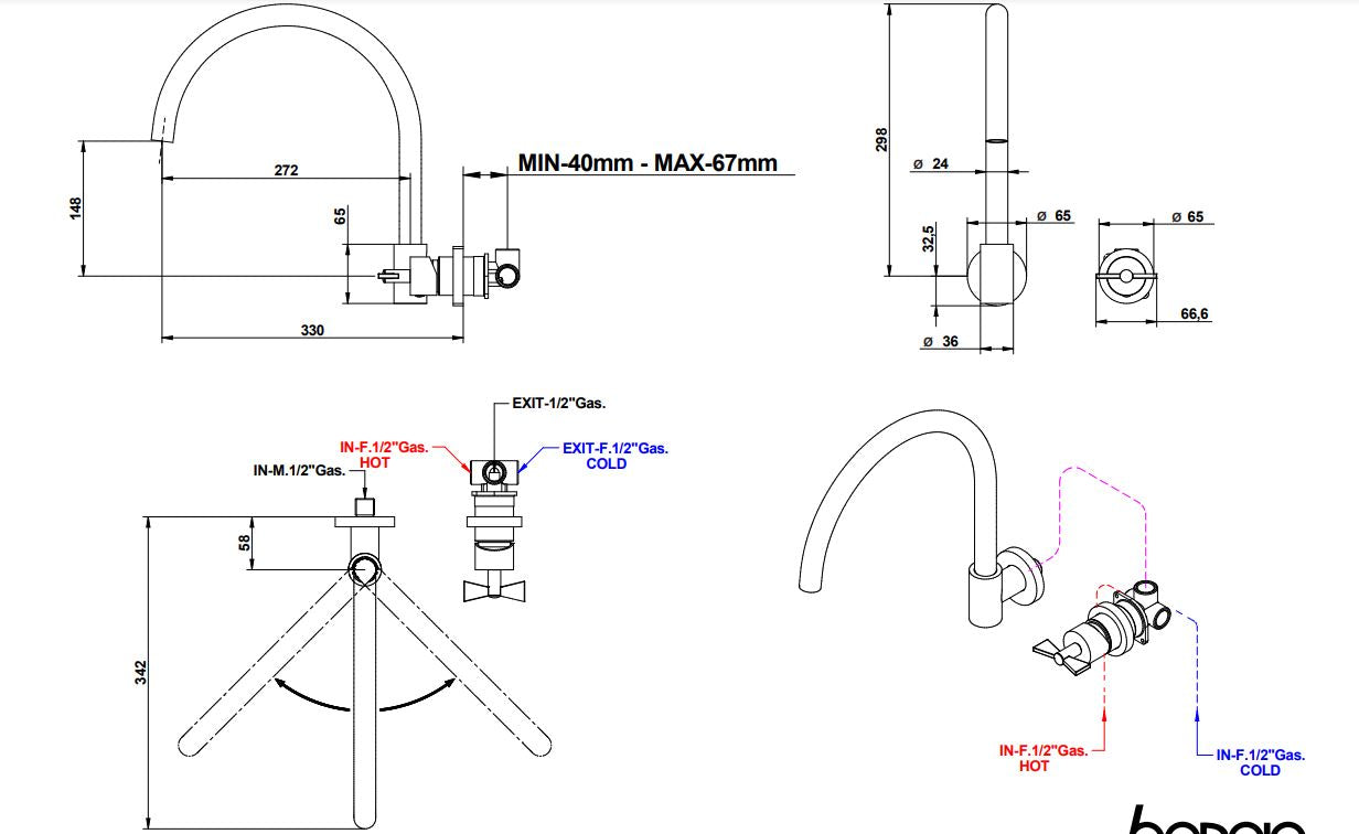 Bongio Amarcord wall kitchen mixer technical dimensions chart