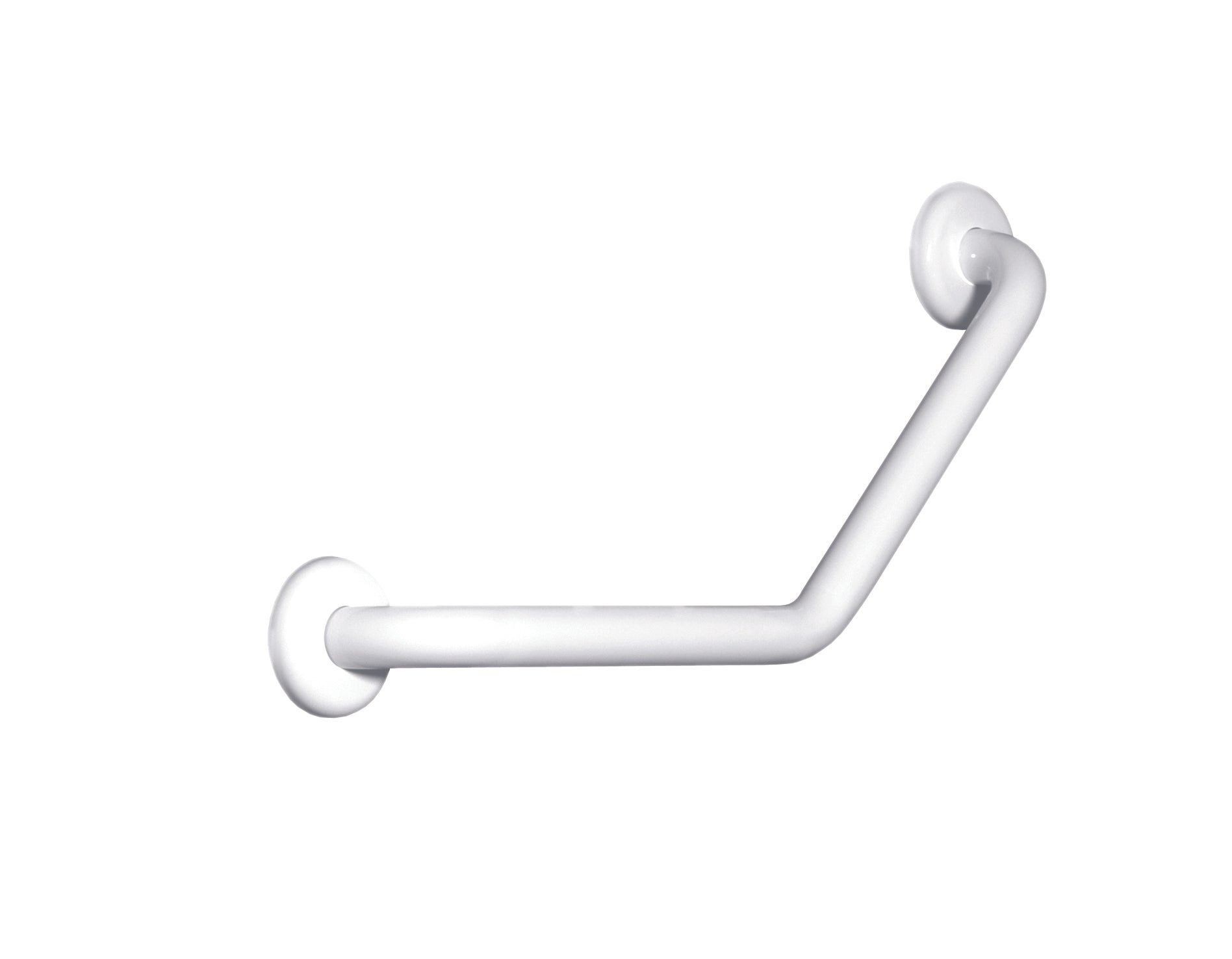 A white angular grab bar made of steel, with stainless steel mounting plates and steel screw covers, isolated on a white background.