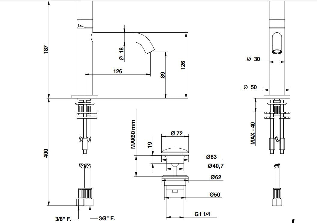 Bongio Aqua basin mixer with clic-clac waste technical dimensions chart