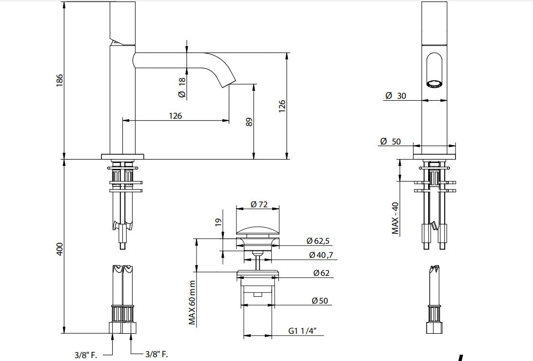 Bongio Aqua basin mixer with traditional cartridge technical dimensions chart