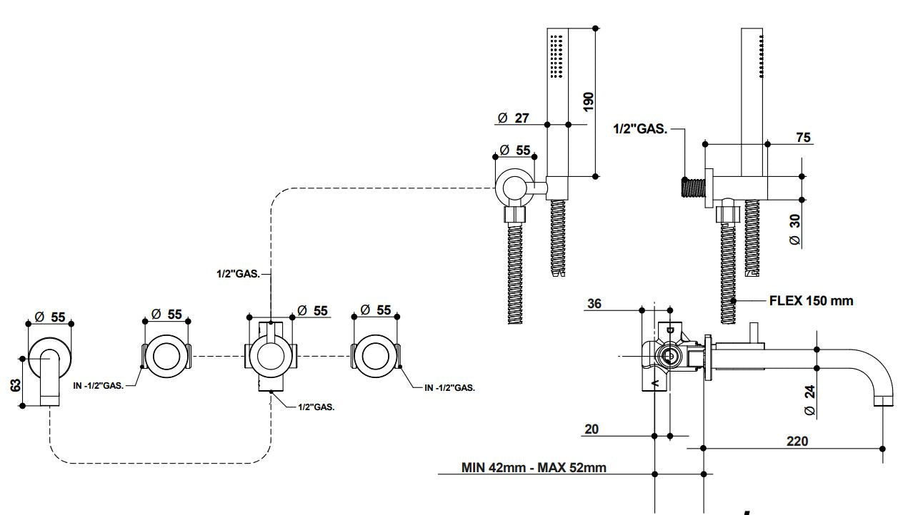 Bongio Aqua built-in bath and shower mixer technical dimensions chart