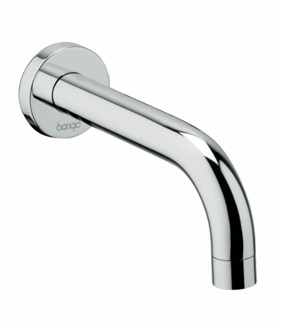 A silver-colored built-in spout faucet with a wall mount and a chrome finish.