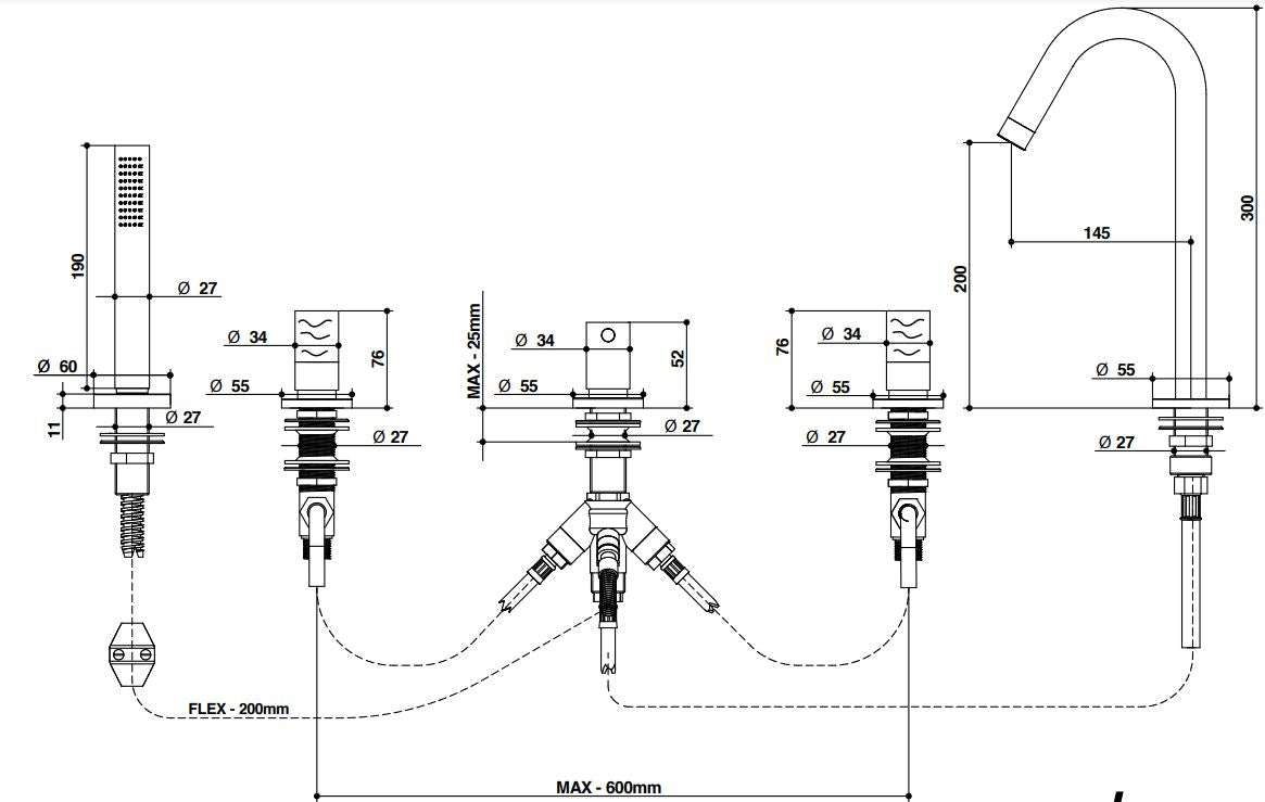 Bongio Aqua five-hole deck bath and shower mixer technical dimensions chart
