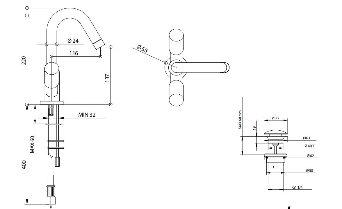 Bongio Aqua single hole basin mixer technical dimensions chart