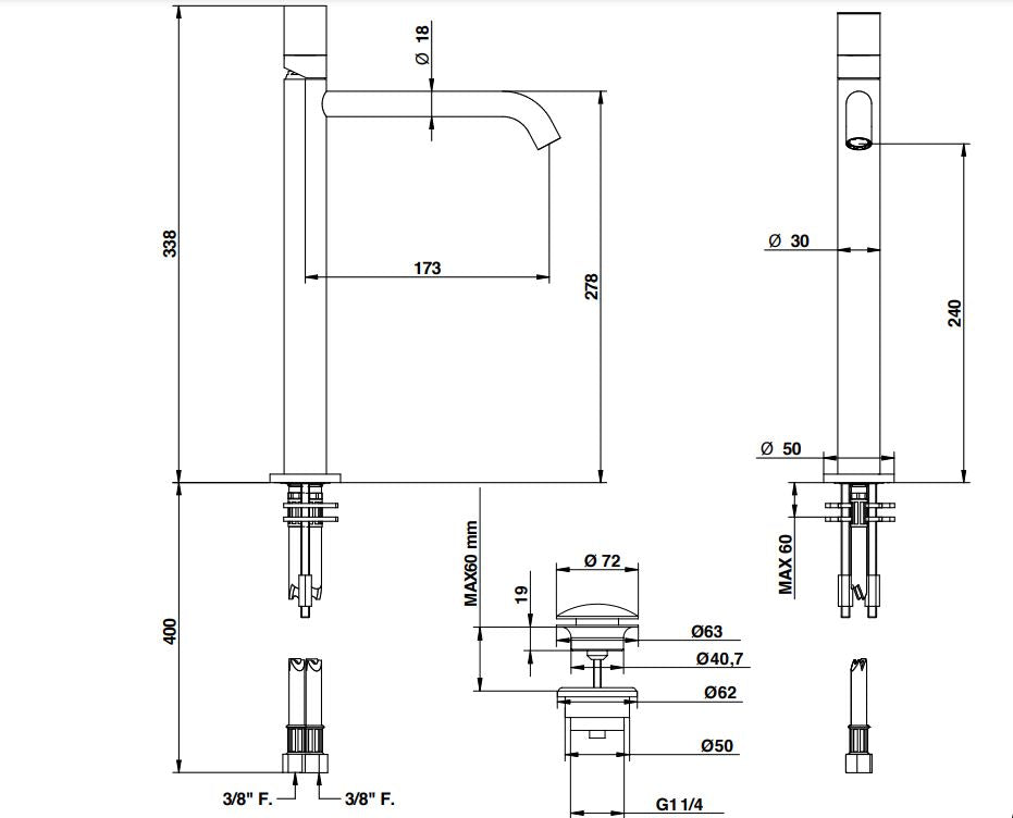 Bongio Aqua tall basin mixer with long spout technical dimensions chart