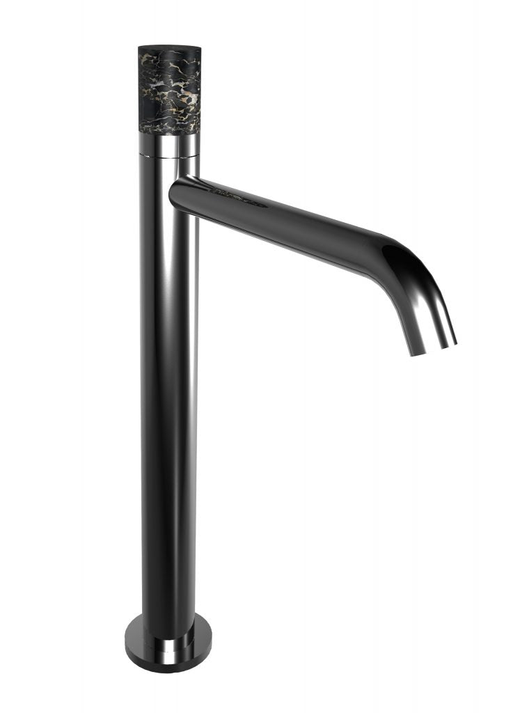 A tall basin mixer with a long spout and a traditional cartridge in a black finish.