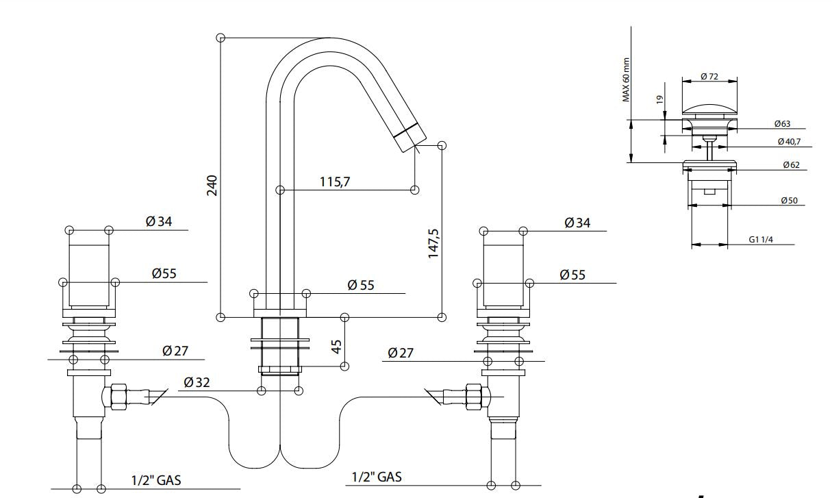 chrome finish three-hole basin mixer Bongio Aqua