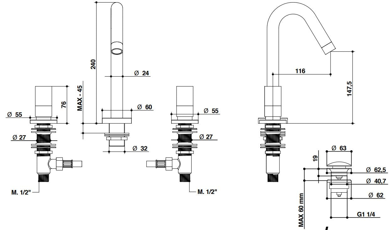 Bongio Aqua three hole basin mixer technical dimensions chart