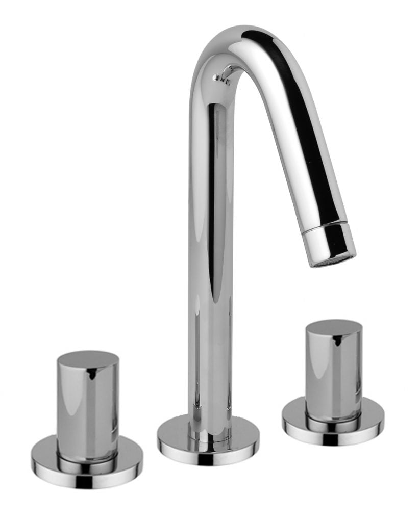 A silver-colored three-hole basin mixer with a high arch and a chrome faucet above a square basin, with no visible drainage system.