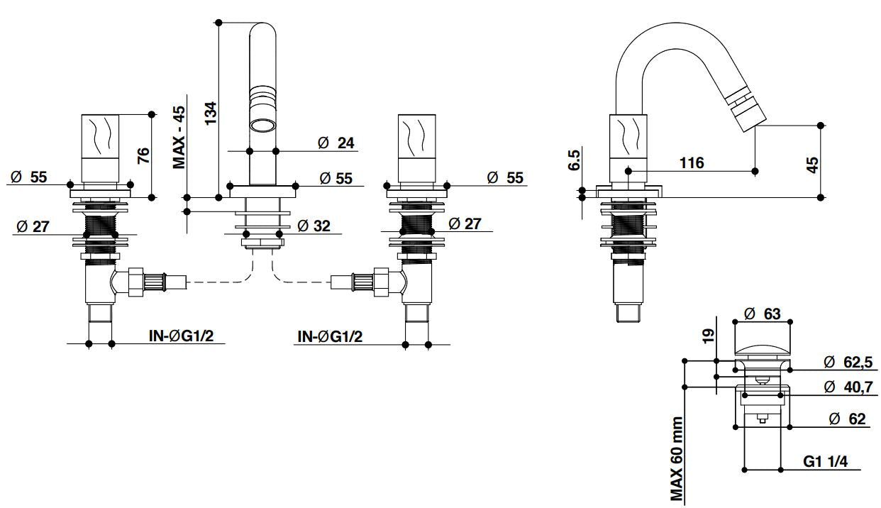 Bongio Aqua three hole bidet mixer technical dimensions chart