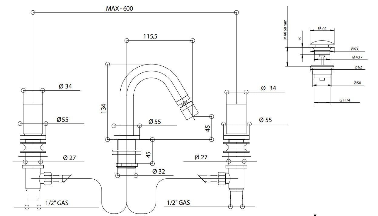 Bongio Aqua three-hole bidet mixer technical dimensions chart