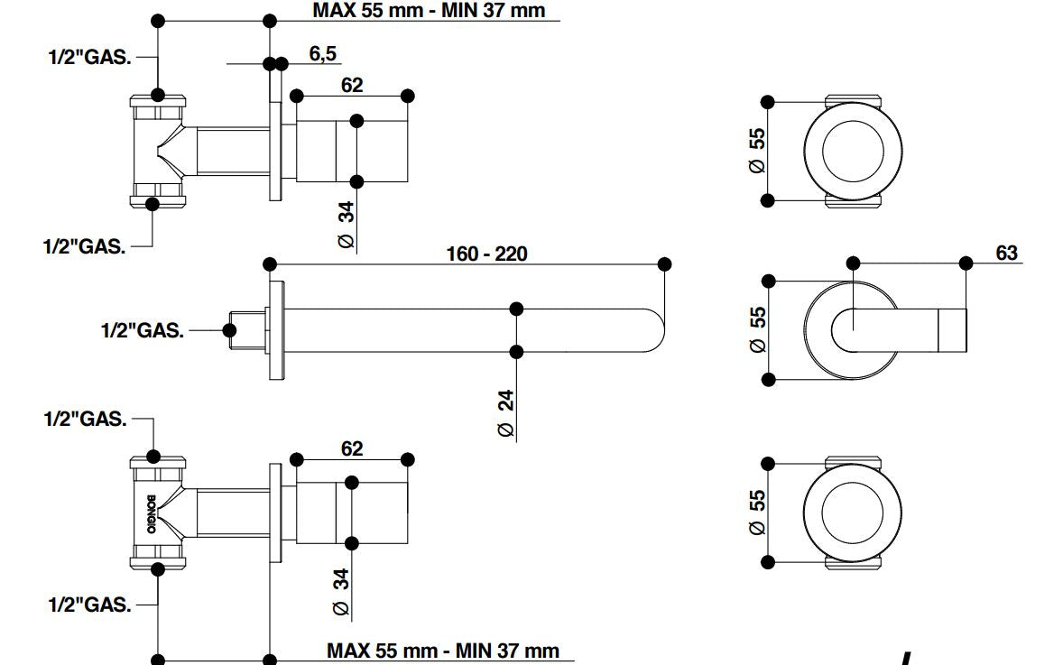 Bongio Aqua wall basin mixer technical dimensions chart