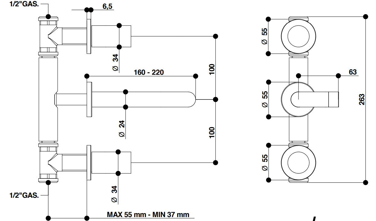 Bongio Aqua wall basin mixer technical dimensions chart
