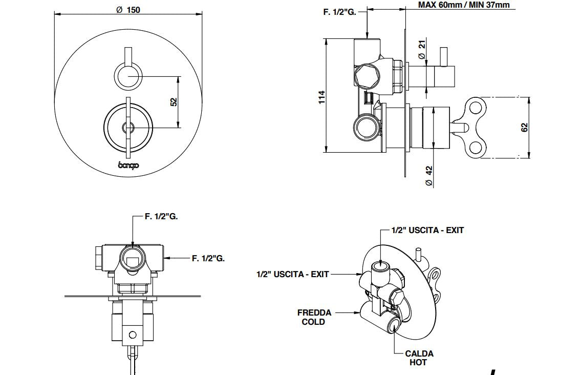 chrome finish built-in mixer with 2-way diverter Bongio Aquacarica