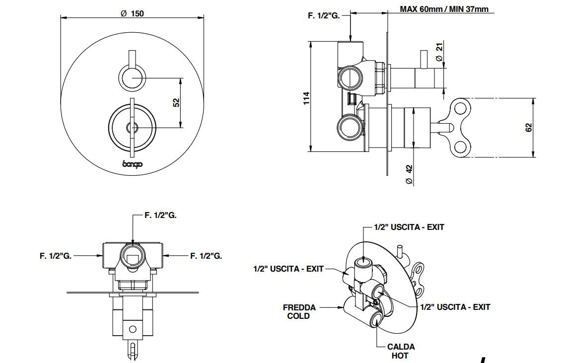 Aquacarica Three-Way Shower Mixer Product Dimensions