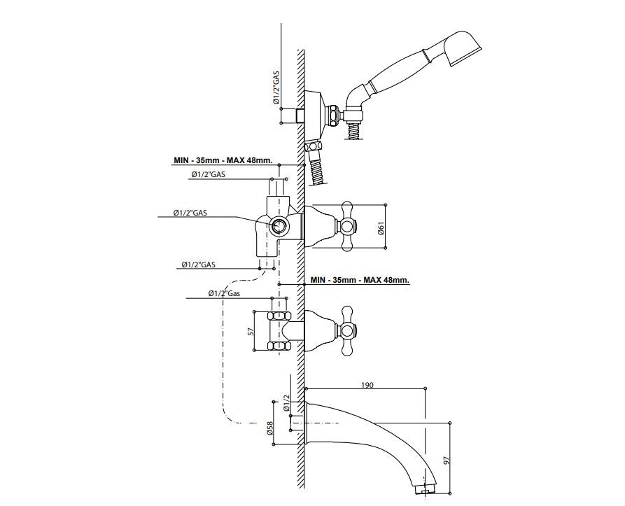 built-in bath and shower mixer dimensions chart Bongio Axel